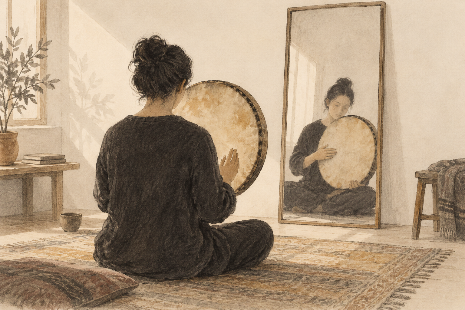 Drawing of a musician playing a daf in front of a tall mirror.