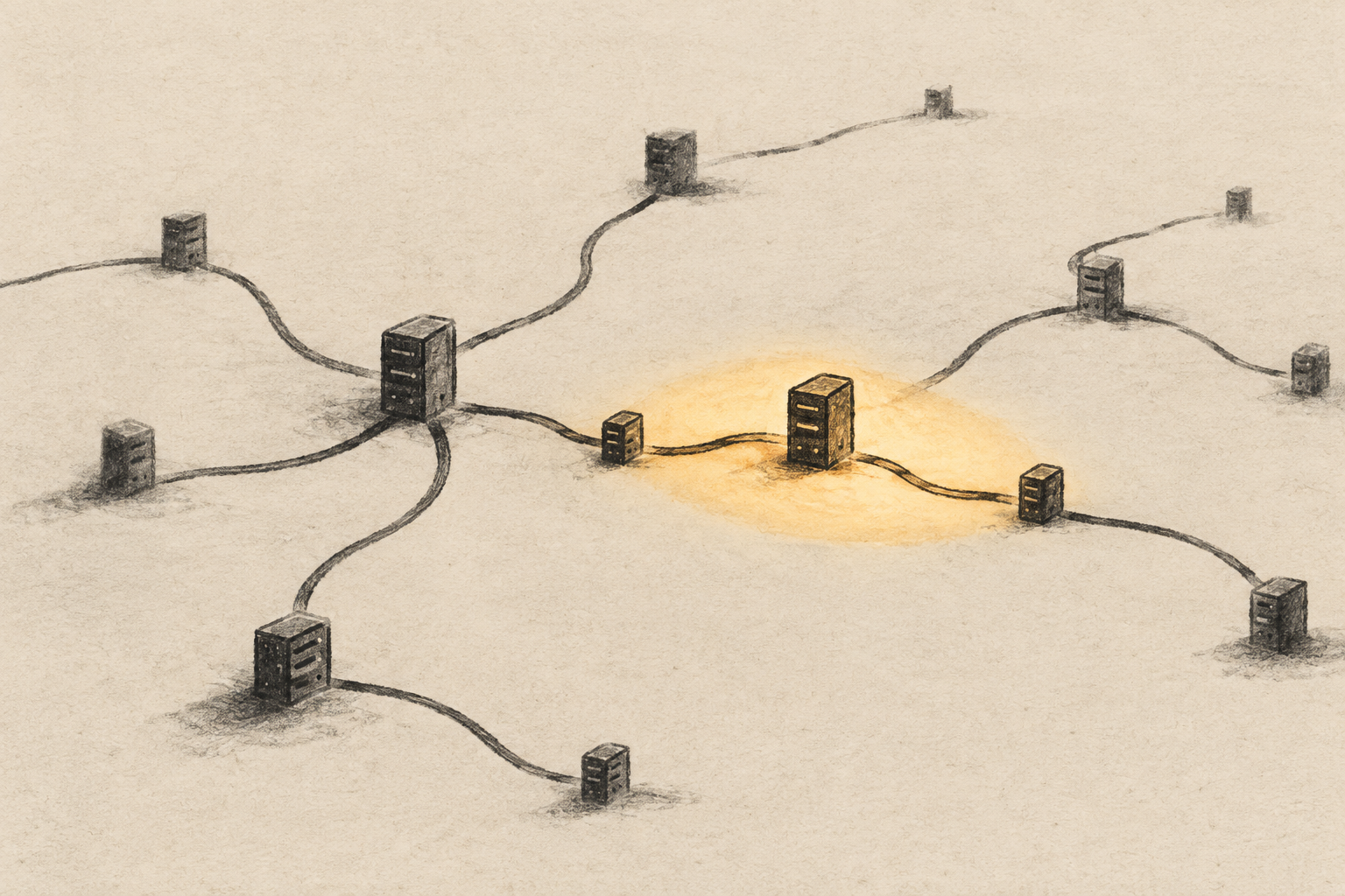 Charcoal drawing of a branching server network on warm paper, with a small amber pool of light highlighting one section.